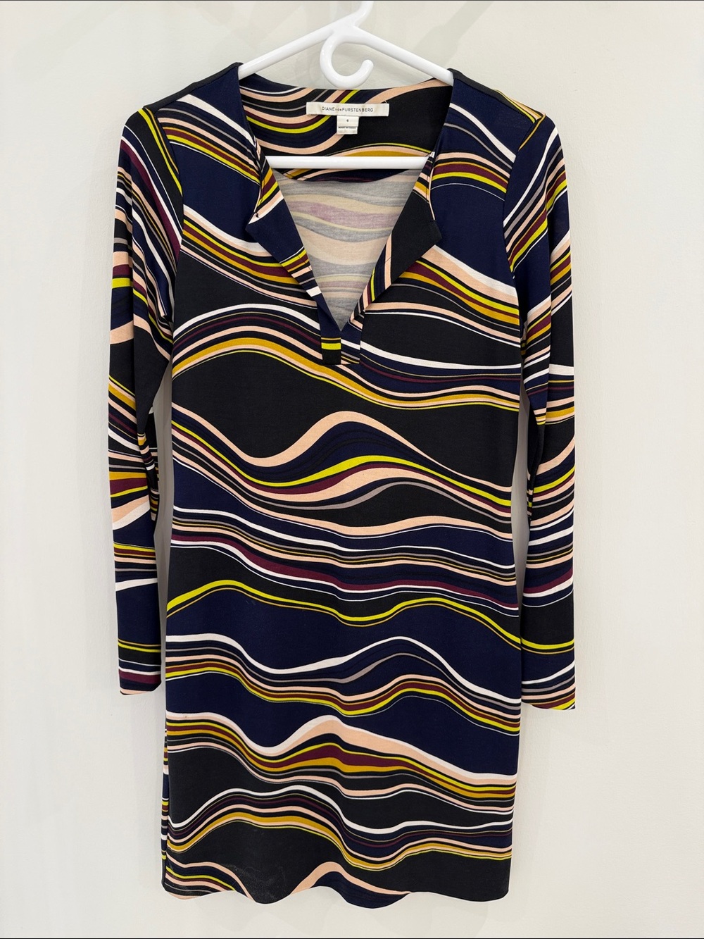 Diane Von Furstenberg Navy Wavy-Stripe Long Sleeve Dress